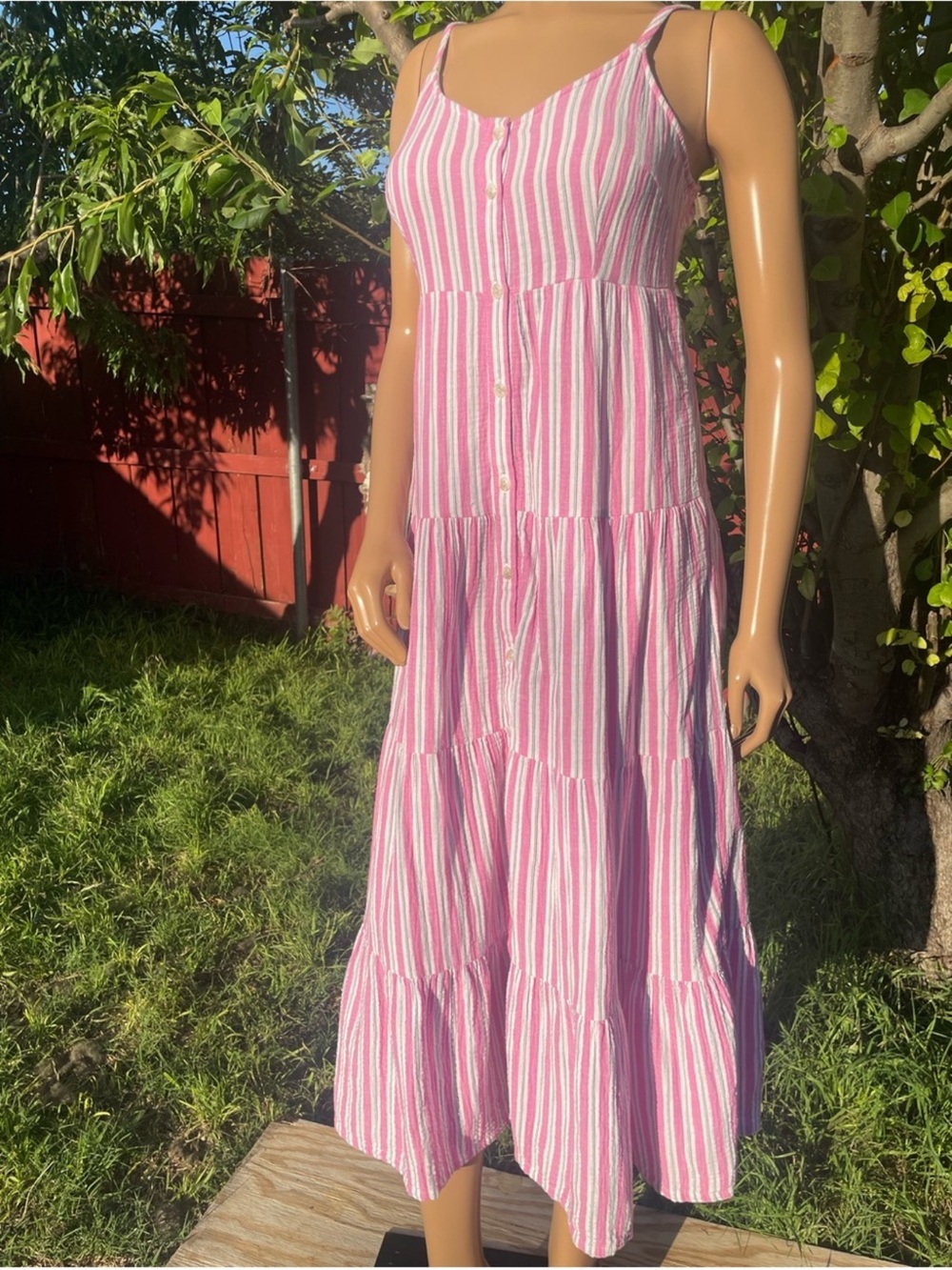 Striped Pink & White Tiered Maxi Dress with Button Front